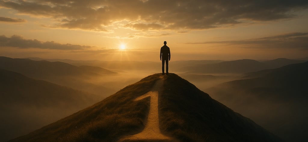 Personne seule debout au sommet d’un sentier montagneux à l’aube, regard vers l’horizon
