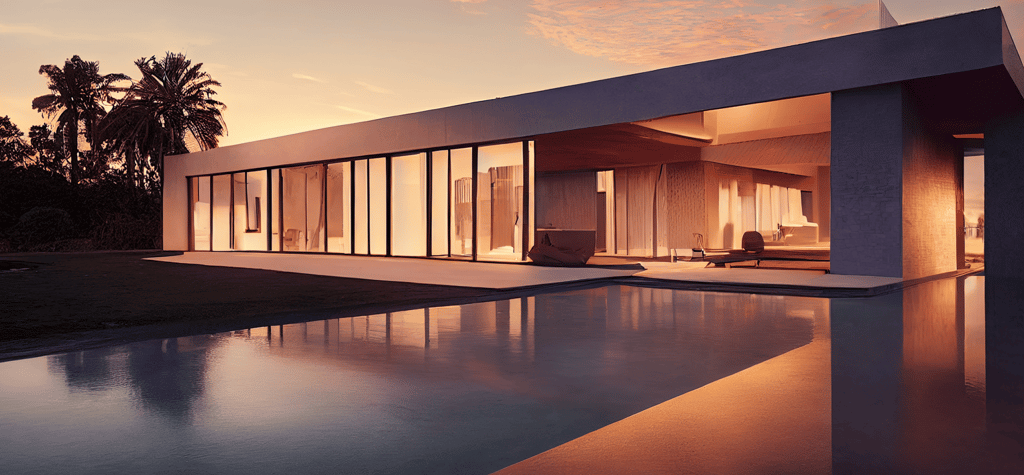 Sunset view of a sleek, modern house with a pool reflecting the sky and the building.