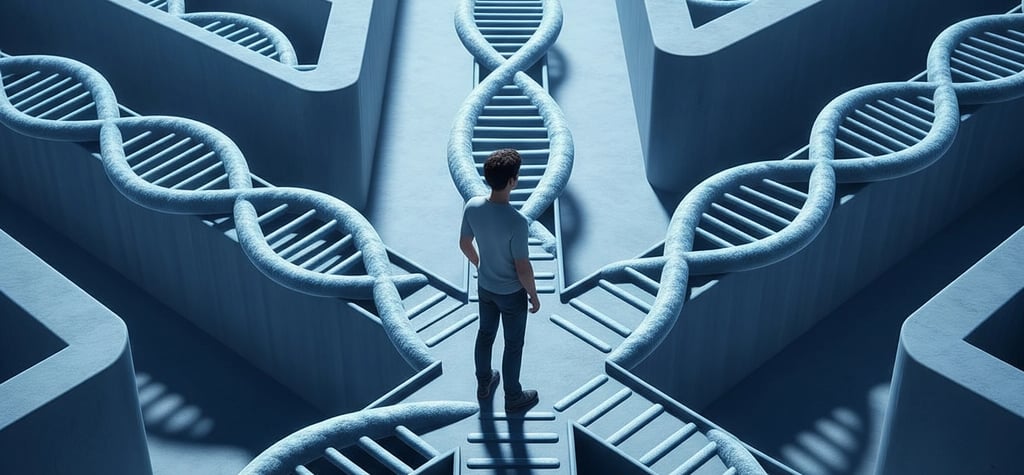 Conceptual image of a person navigating a maze, walls are formed by DNA strands, questioning free will versus genetic program