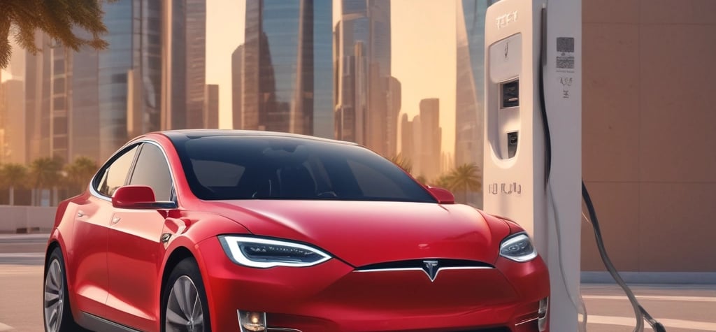 red tesla charging in Qatar