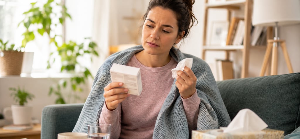 Pessoa com sintomas de gripe segurando uma caixa de remédio e lenço de papel, ilustrando a dúvida so