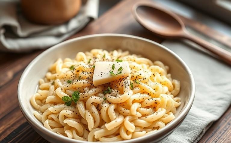 A close-up of creamy parmesan orzo pasta in a white bowl, topped with black pepper, parsley, and par