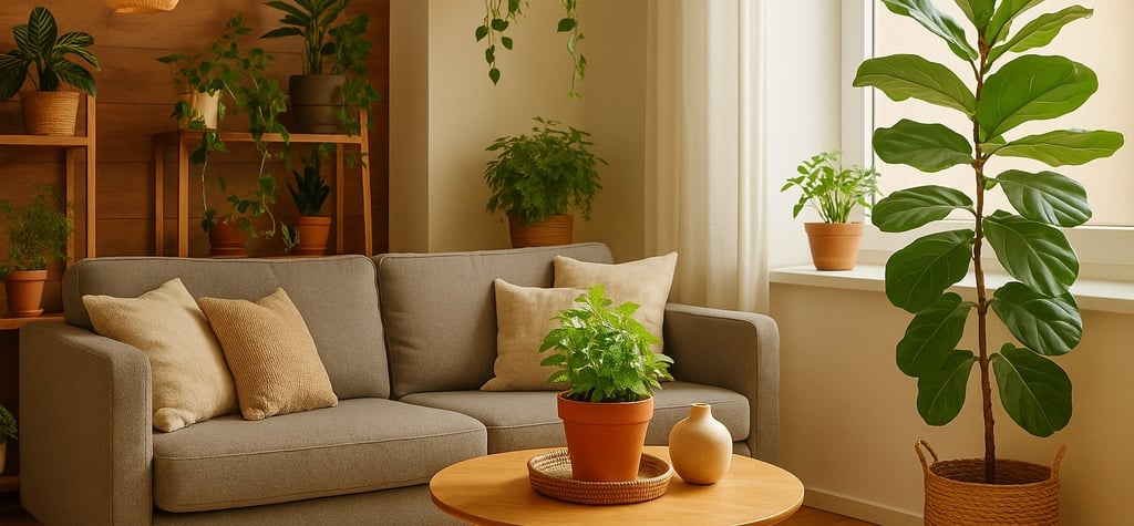 Sala com sofá neutro, luz natural, móveis de madeira e plantas, representando decoração biofílica