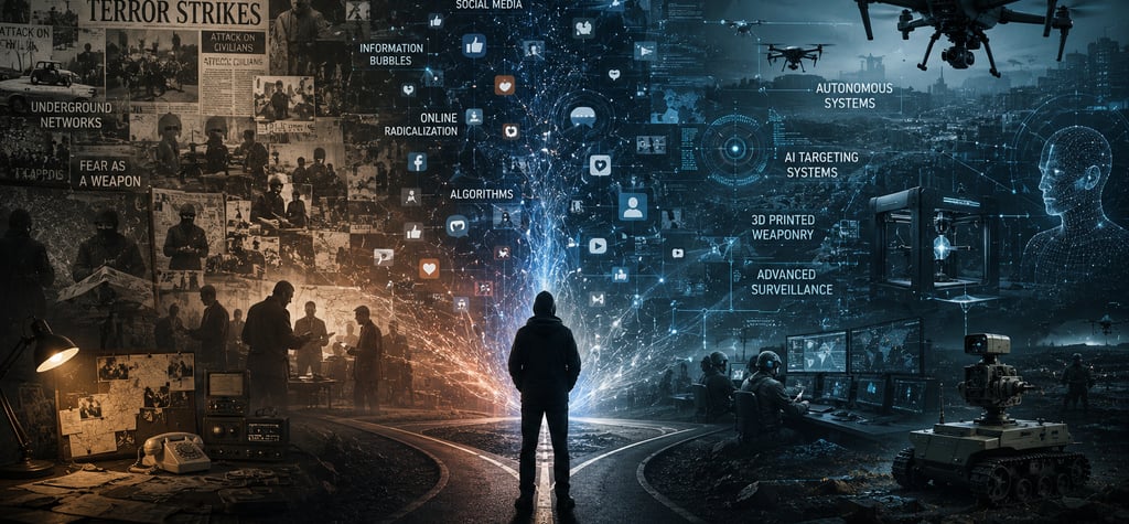 Evolution of terrorism, online radicalization, autonomous drones and modern asymmetric warfare technologies.