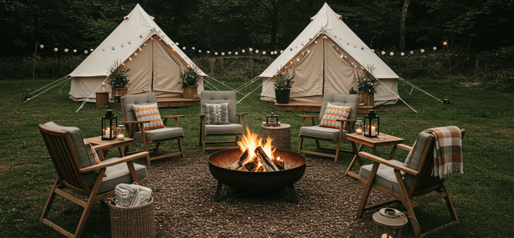 Campsite with camping chairs around a firepit and glamping tents
