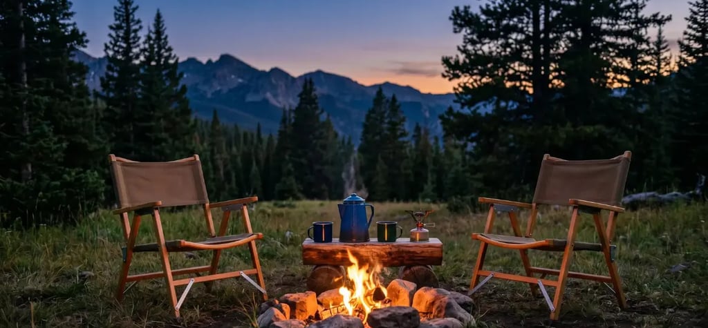 Mountain campsite at dusk with camp chairs, a campfire, and cooking gear — Horacio & Visconti