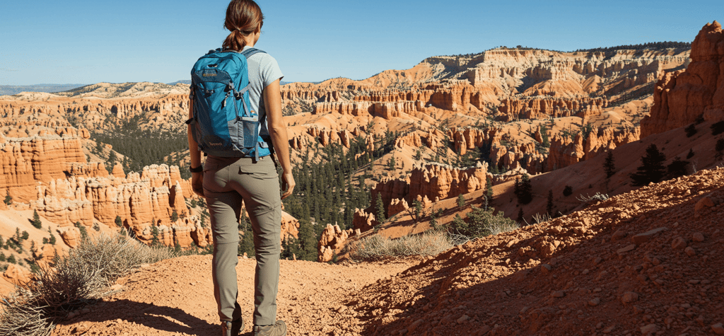 Digital nomad demonstrating versatile clothing for nomads, transitioning from work to hiking