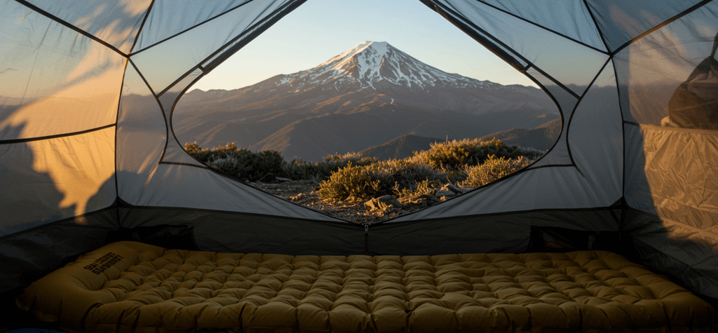 Scenic view of easy setup tent with a mountain view in the background