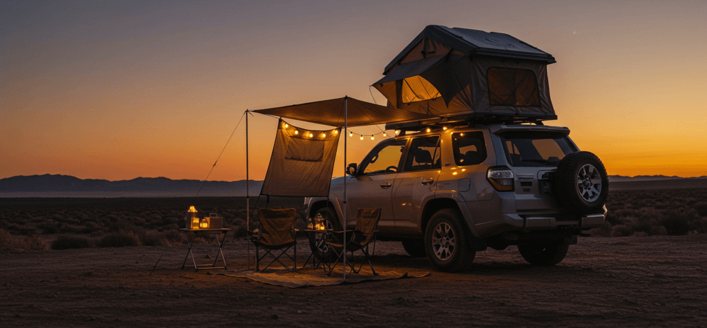 Car rooftop tent at a campsite with camping chairs