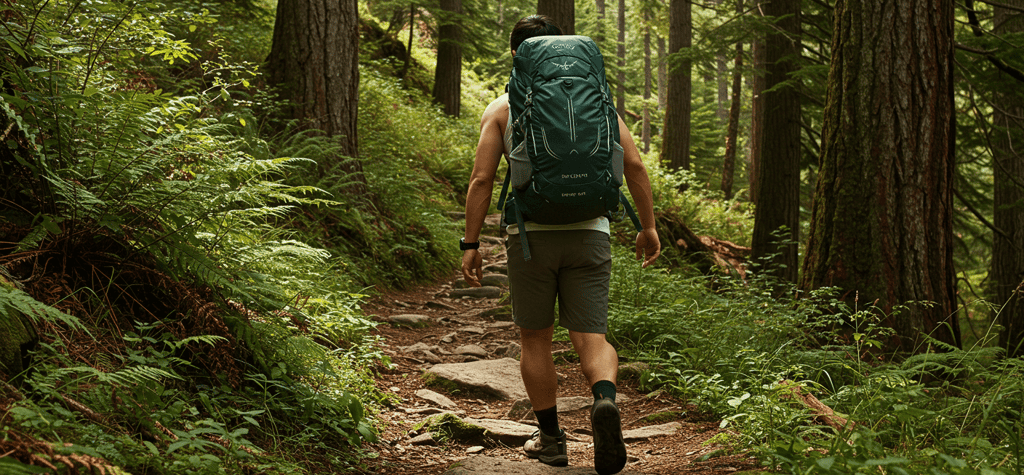 Hiker on a hike on mountain trail with hiking backpack with big trees around