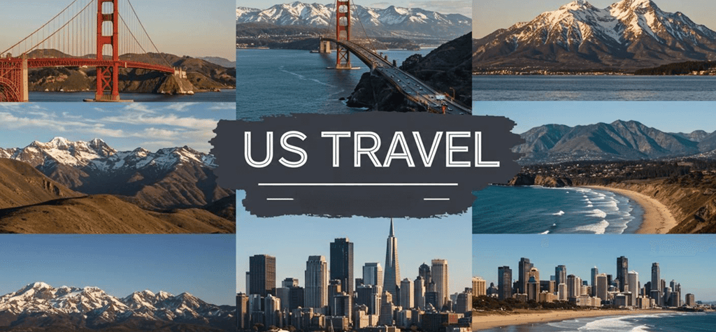 Professional travel photography, showcasing a collage of iconic US landmarks and diverse landscapes 