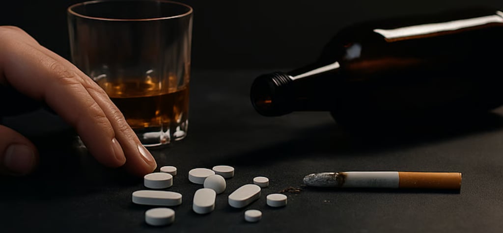 alkoholi pudel ja tabletid sõltuvuse sümbolina