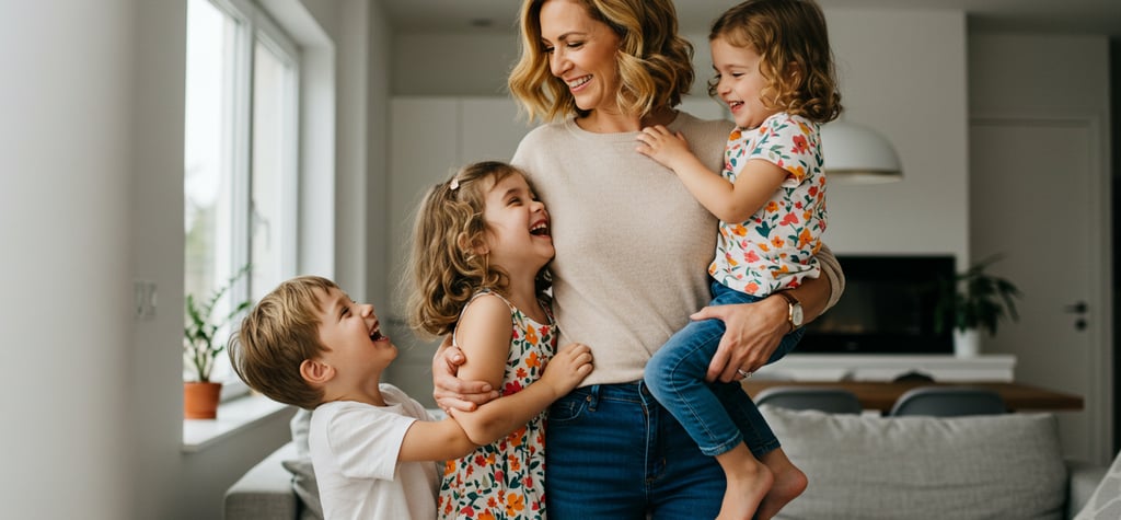 a woman holding two children and a baby in her arms