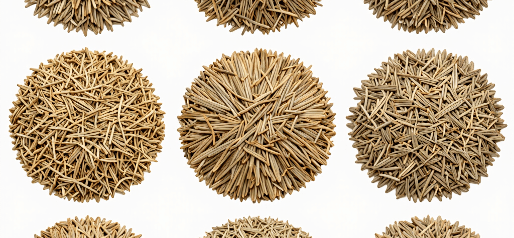 Comparison of different grass seed varieties shown in small piles, highlighting differences in seed 