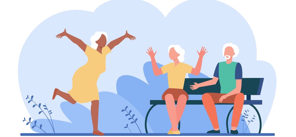 Flat vector illustration of active senior friends socializing and dancing in a park.