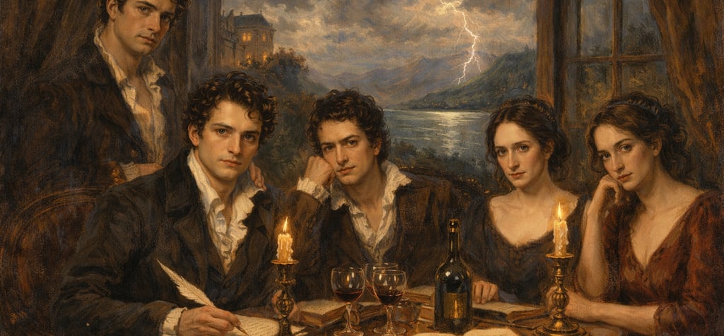 painting of the famous group of 19th century writers sitting around a table atat villa diodati