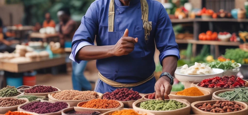 A warm, inviting kitchen scene with chef Meeday preparing fresh spice mixes and snacks.