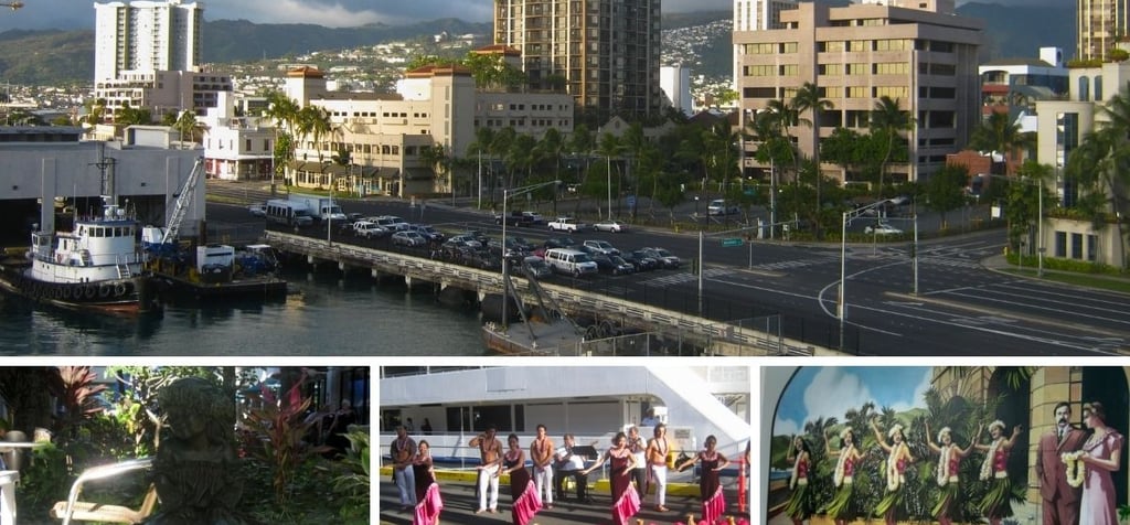 Navio de cruzeiro atracado no porto de Honolulu com recepção de dança hula na chegada.