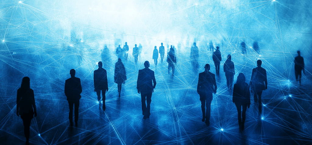 a group of people standing in a line of connected - by - lines