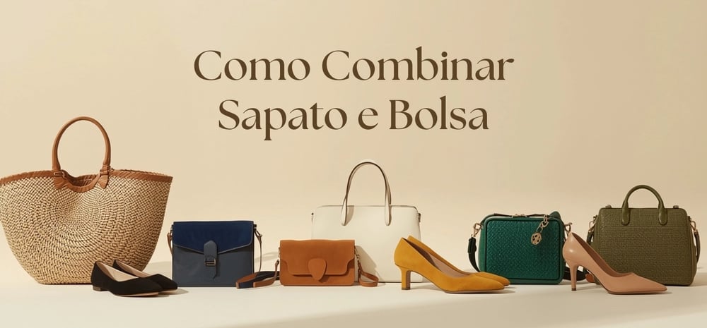 Guia de como combinar sapato e bolsa com exemplos de diferentes tamanhos, cores e texturas