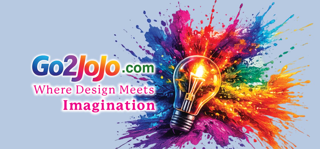 A glowing light bulb over a colorful paint splash with the Go2Jojo.com logo and creative design slogan.