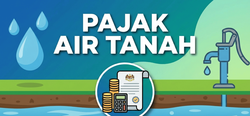 Illustration of Pajak Air Tanah groundwater tax showing a manual pump, water drops, and financial calculation icons