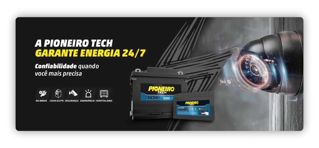 Baterias estacionárias Pioneiro Tech para nobreak e sistemas de energia contínua na Reginaldo Baterias em Maringá PR