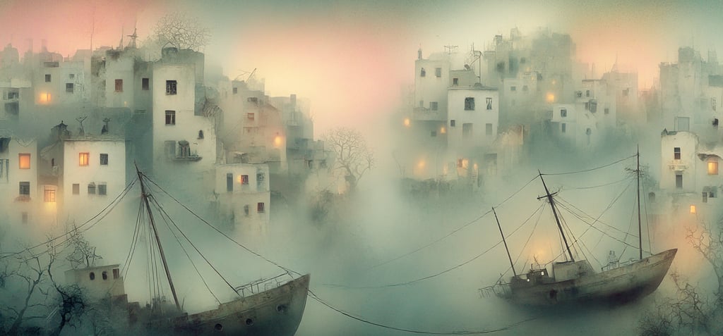 Paysage rose et gris où des bateaux tanguent dans la tempête devant les maisons du port