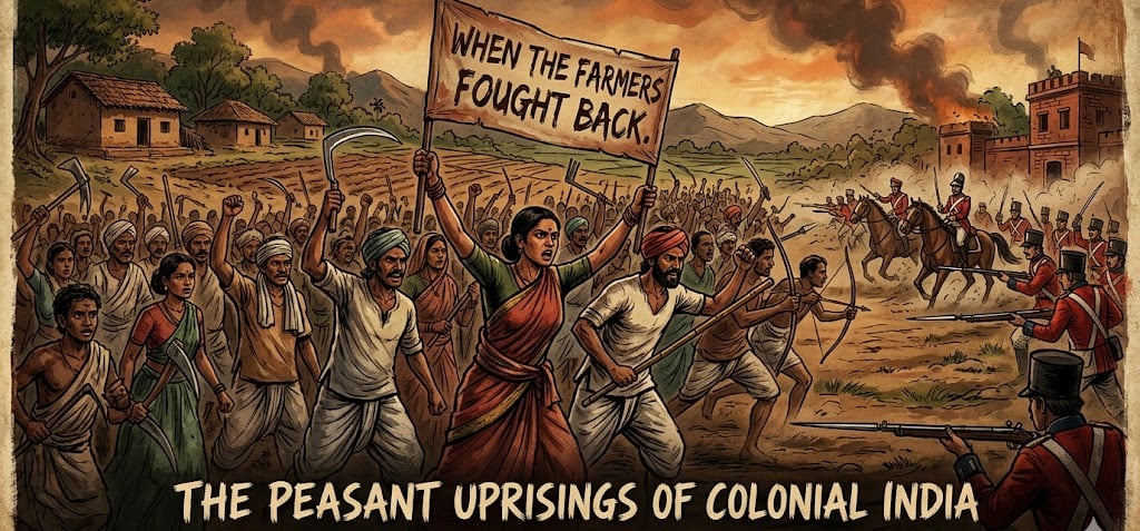 Gemini said Indian farmers with tools facing British soldiers in 1800s