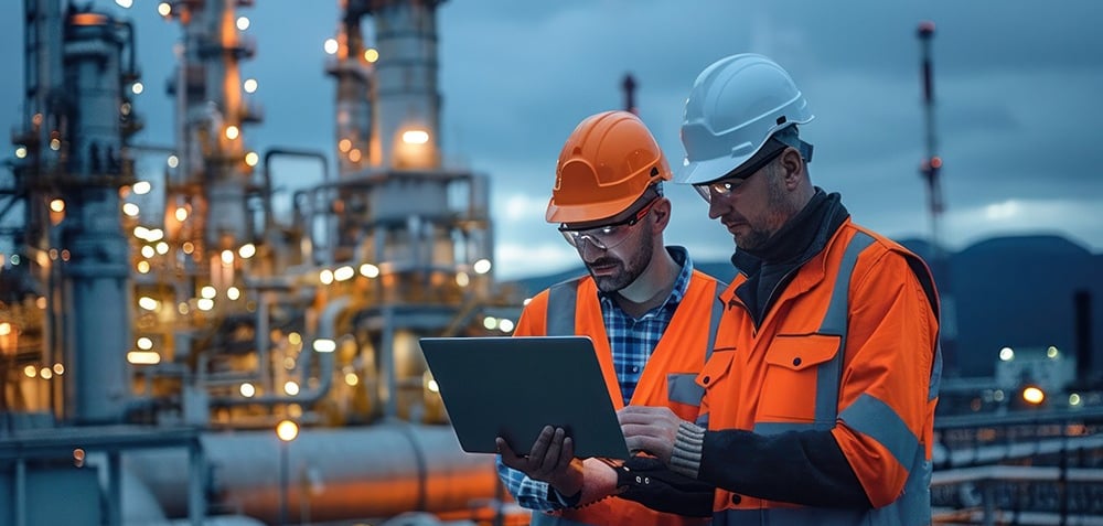 Durraniz Consultants' engineers in orange safety vests standing in front of a large oil refinery