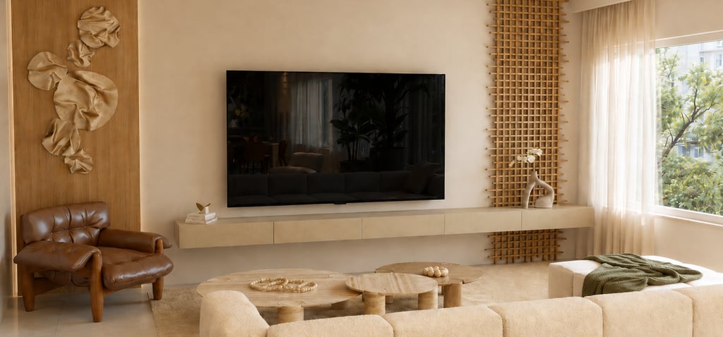 Projeto residencial de sala de estar com marcenaria, iluminação natural e interiores sofisticados