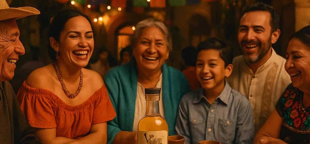 Grupo de personas en una festividad tradicional mexicana compartiendo mezcal artesanal en jícaras.