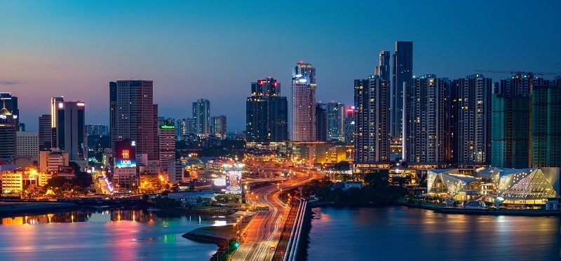 Evening skyline of Johor Bahru city showing urban lifestyle and lights