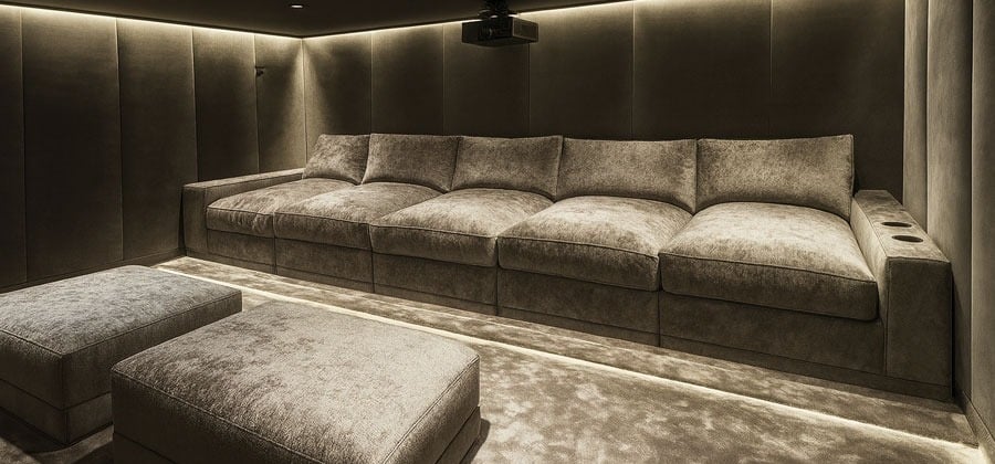 Luxury home theater with custom chaise lounges, matching ottomans, and upholstered wall panels, crafted by Solo Home Decor