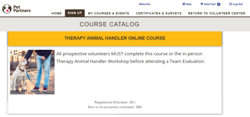 Computer screen shot of Pet Partners Therapy Hander Online Course sign-up.