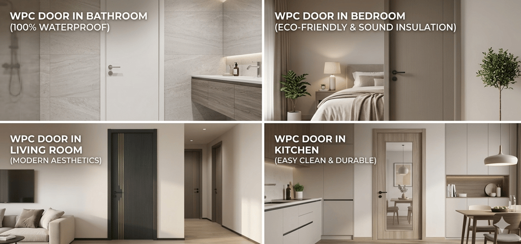 Modern WPC doors installed in a bathroom, bedroom, living room, and kitchen featuring waterproof and soundproof qualities.