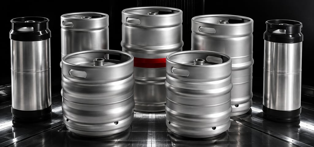 A lineup of different types of stainless steel kegs