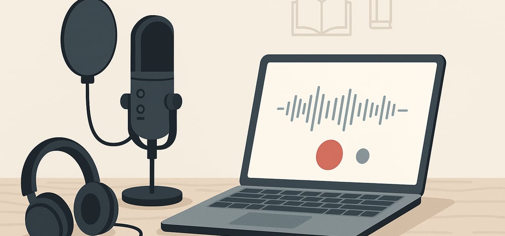 Set casero para grabar audiolibros con micrófono USB, auriculares y notebook.