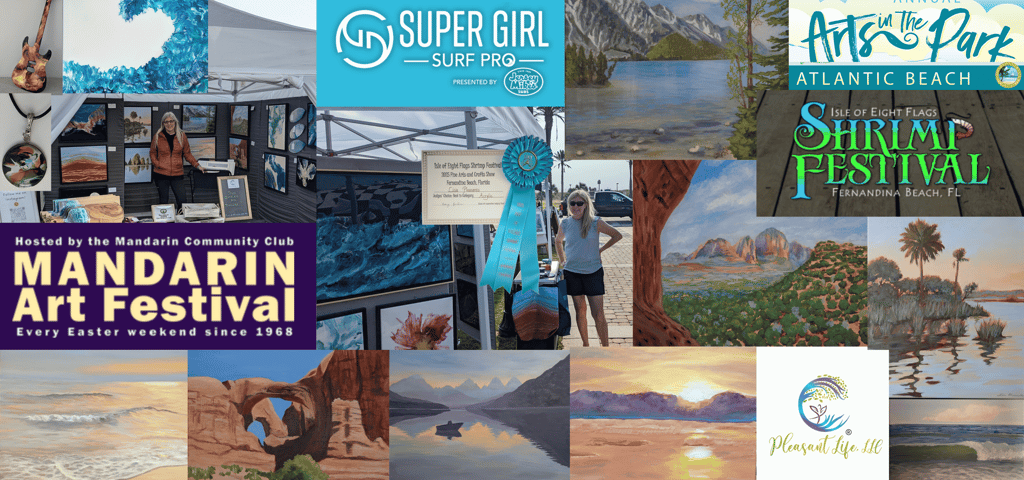 A collage of landscape paintings and Florida art festival logos showcasing coastal scenery and outdoor events.