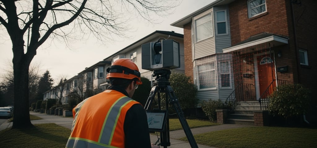 Technician using 3D laser scanning equipment to capture building measurements in Vancouver