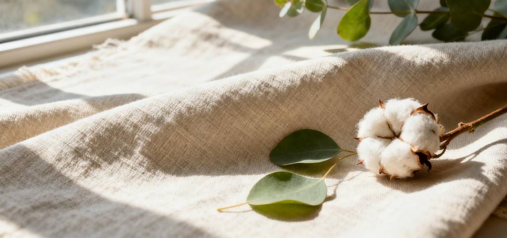 Texture close-up of eco-friendly rPET fabric for GWPs, with green leaves and cotton.