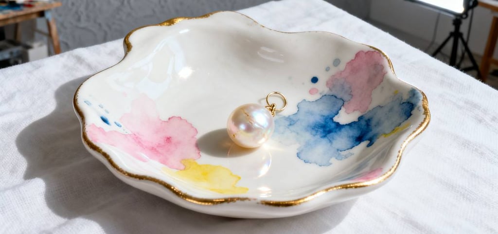A shell-shaped trinket dish with a watercolor pattern and gold rim, holding a pearl.
