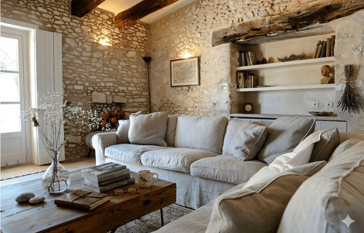 French Mediterranean living room with limewashed walls, low linen sofa, and natural daylight from ta