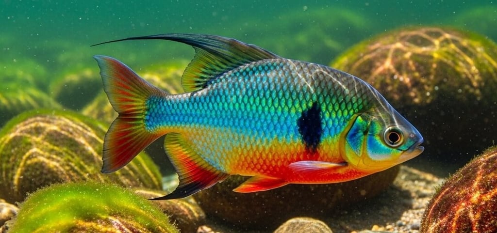 peixe piau com pinta no corpo e barriga vermelha no fundo do rio com pedras em volta agua cristalina