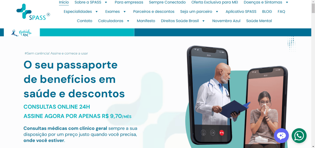 TELA INICIAL DO SITE SPASS SAUDE BENEFICIOS E TELEMEDICINA