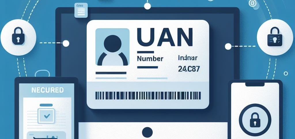 Image of a digital ID card with a UAN number and a computer screen showing the UAN portal.