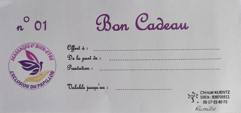 bon cadeau pour des massages ou soins énergétiques à l'éclosion du papillon à Rumilly