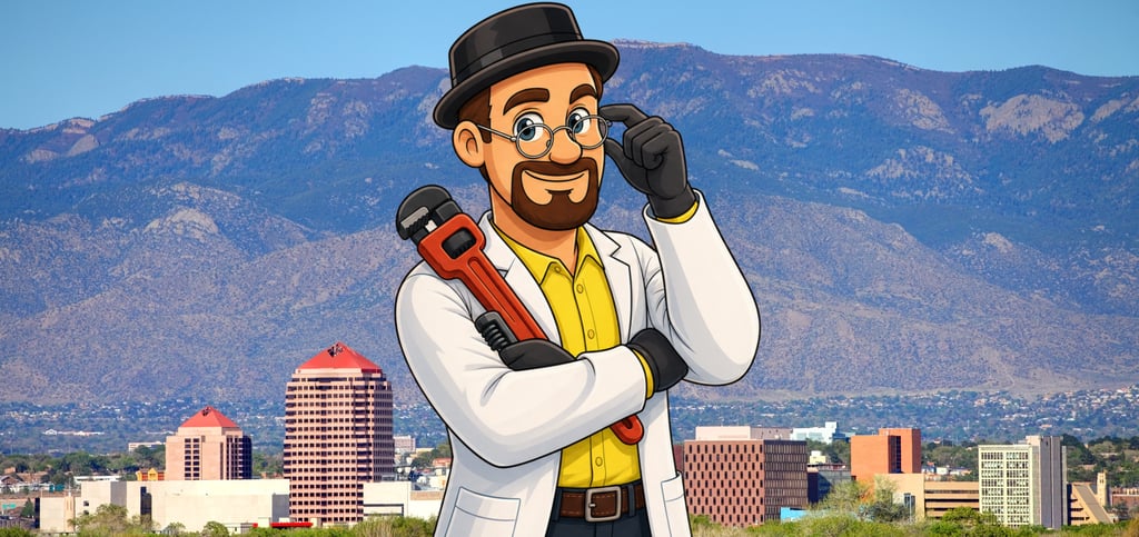 Cartoon plumber mascot holding a pipe wrench with the Albuquerque city skyline and mountains in the background.