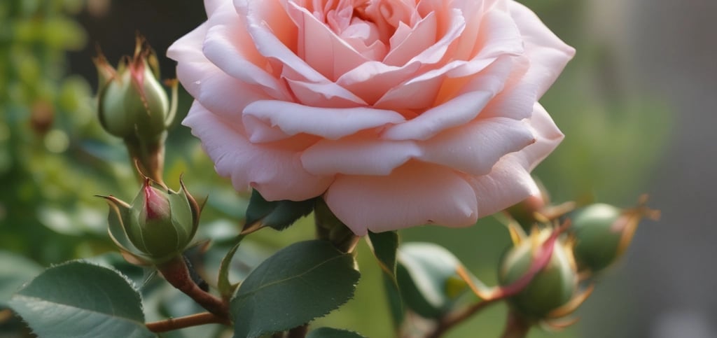 A soft pink blooming rose in a garden with green leaves and flower buds.