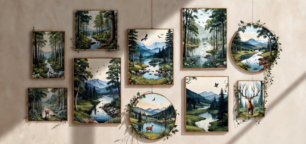 a wall of paintings of a mountain scene